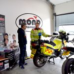 mono motorcycles & vehicle security guest Glen, speaking with Serv Wessex Blood Bike volunteer Rich Hobden