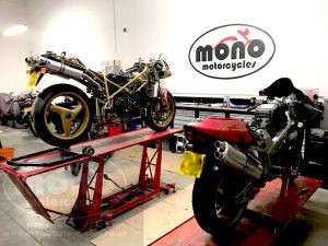 mono motorcycles & vehicle security new workshop, Funtington, Chichester, temporary home for the Ducati 996 & Suzuki TL1000R.