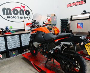 MCI Tours KTM 1050 Adventure at mono motorcycles for an interim service & new tyres. MCi Tours, located at New Barn Offices, literally next door to mono motorcycles, has all their service work completed by mono motorcycles. 