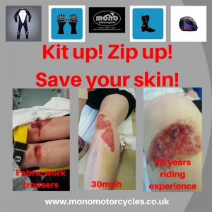 We first ran the following blog in April 2018. However, having witnessed more & more motorcycle riders putting themselves at risk by not wearing protective motorcycle clothing; mono motorcycles feel the need to re-share this safety message.