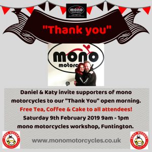 We are already planning events in to 2019. Our mono motorcycles 'Thank you' open morning, the Jamies Airbrushed Art showcase & 2019 breakfast club schedule are already out.