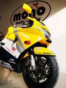The Rossi livery Honda Fireblade added a splash of colour to the workshop & her owner was very happy that we had been able to identify that the forks were twisted in the yokes. Following a quick adjustment, they were reset & the customer was on his way.