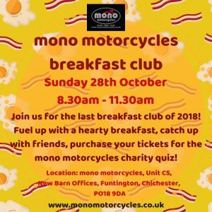 Our final breakfast club of 2018 is next Sunday, the 28th October. Join us on 2 wheels or four for an autumnal breakfast.