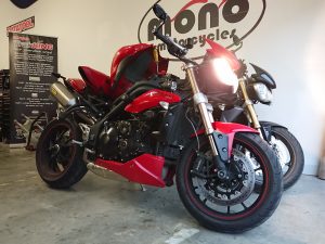 The second Triumph Speed Triple was brought to mono motorcycles to have some additional spotlights wired into the Triumph. The customer had already purchased & positioned the lights prior to the Triumph being brought to the workshop.