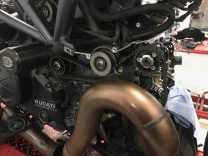 For the purposes of reassurance for the customer & to ensure the longevity of his investment, the Ducati Diavel was booked in to mono motorcycles for a full cambelt & valve clearance service. Furthermore, some additional components such as the 'push to talk' button were wired in & a new screen.