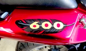 Jamie extended the wing design to the rear panels & added another dimension by creating gold leaf '600's' over a black feather, to denote the cc of the motorcycle.