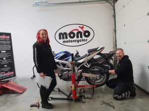 Friend & regular customer of mono motorcycles, brought her Suzuki SV650S in for new tyres & managed to capture a rare photo of Daniel & Katy working together (most times either one of them is behind the camera) 
