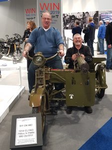 Andy & Stuart rehearsing for the new Wallace and Gromit movie at Motor Cycle Live, on the 1914 Clyno 750cc v-twin. 