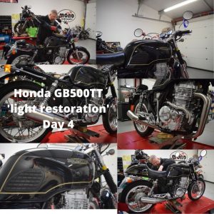 Our main project of this week has been the ‘light restoration’ of ‘Spartacus’ (for that is his name) the rare Honda GB500TT. 