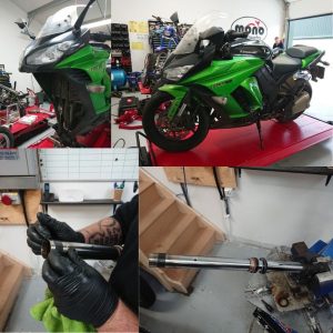 On Tuesday last week, we welcomed back one of our regular customers popping green Kawasaki Z1000SX. The Z1000SX joined us for fork seal replacement.